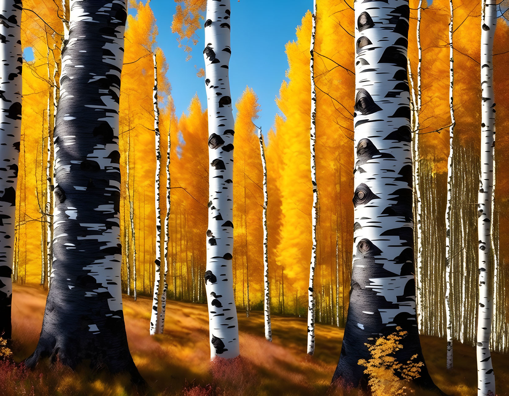 Vibrant autumn aspen forest with white bark and golden leaves