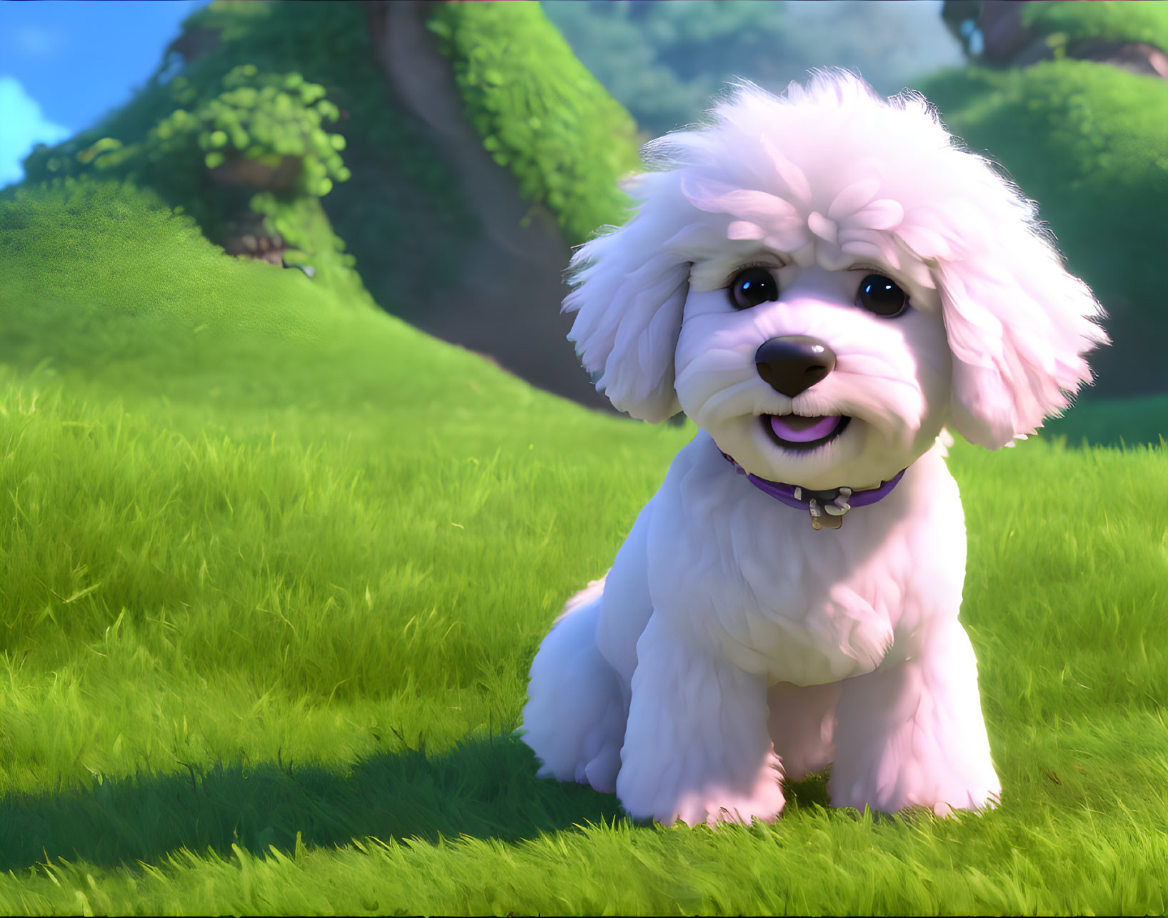 White fluffy animated puppy sitting in sunny grassy field