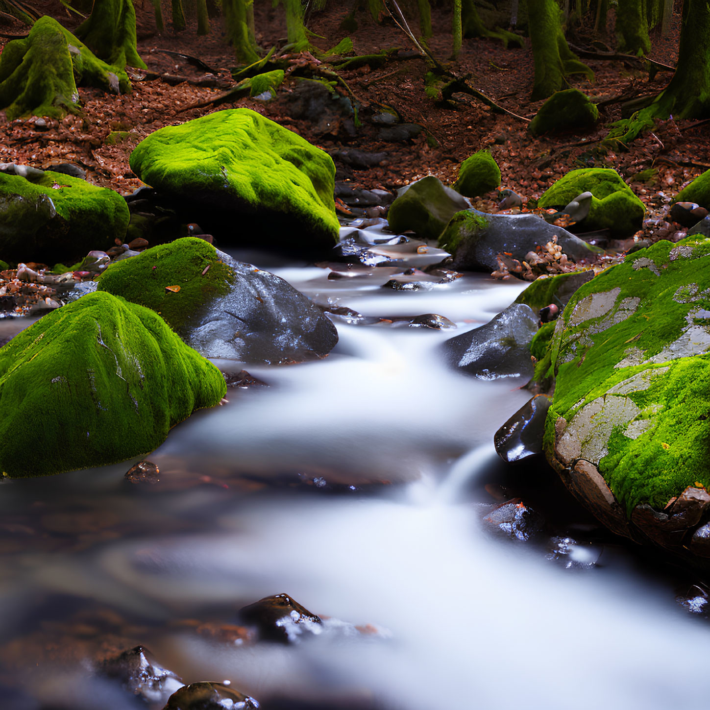 Tranquil forest stream with moss-covered rocks and autumn leaves