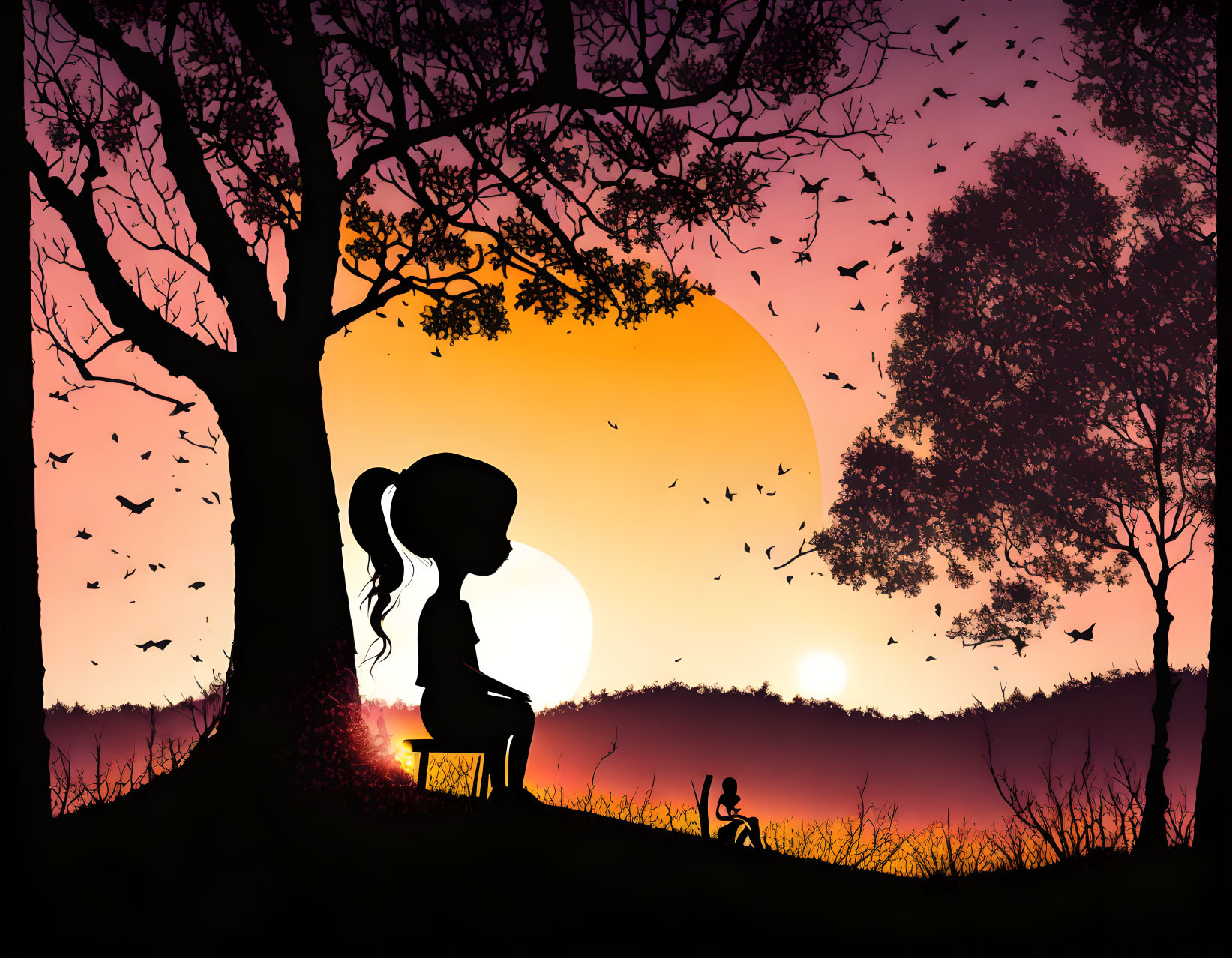 Silhouette of girl under tree at sunset with flying birds and sitting cat