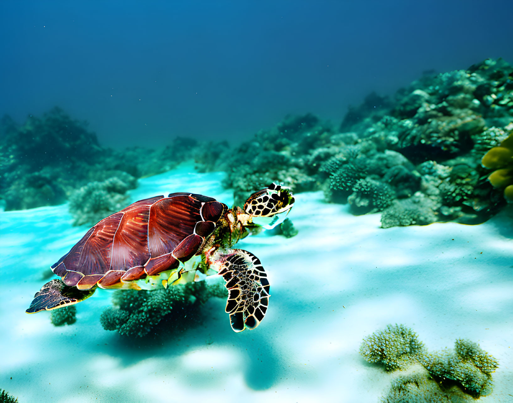 Sea Turtle Swimming Among Coral in Clear Blue Underwater Scene