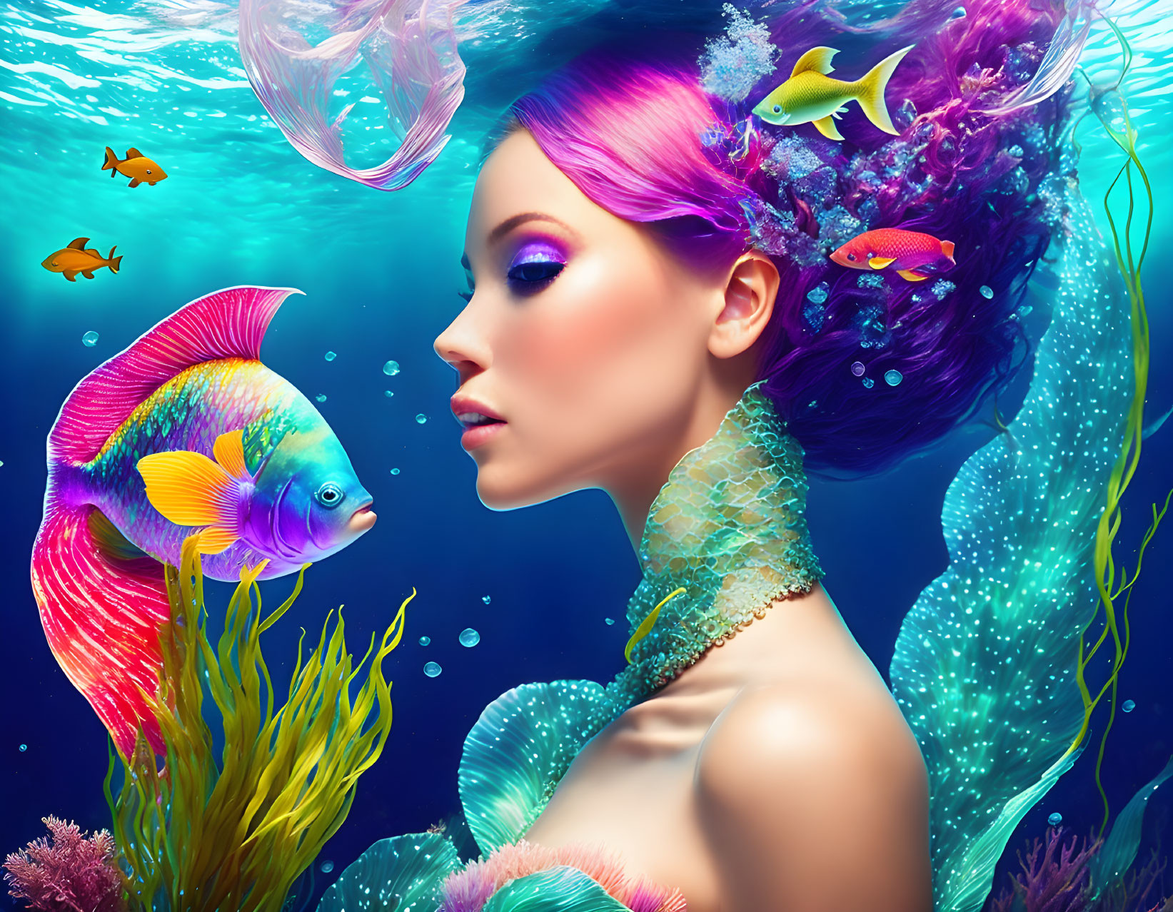 Colorful Mermaid Illustration with Fish and Jellyfish in Underwater Scene