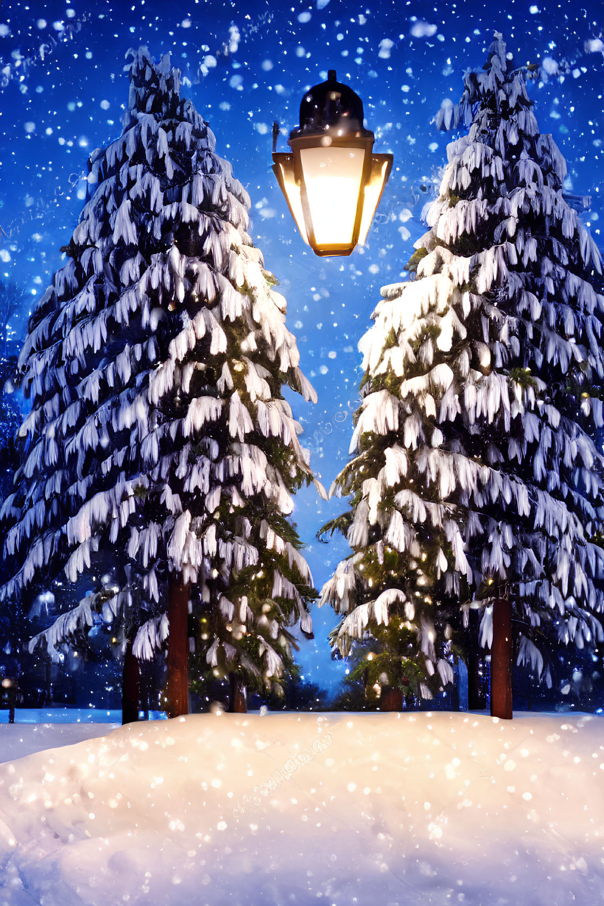 Winter scene: Snow-covered pine trees under street lamp on starry night