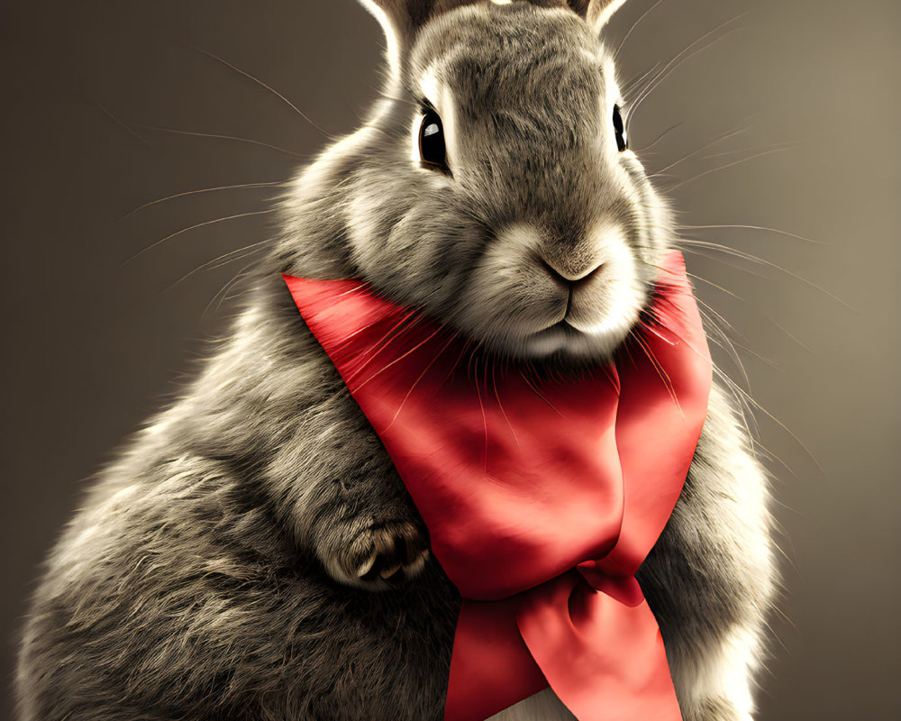 Detailed high-resolution fluffy grey rabbit illustration with red bow on neutral background