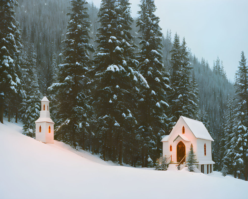 Snowy Forest Chapel Amid Pine Trees in Winter