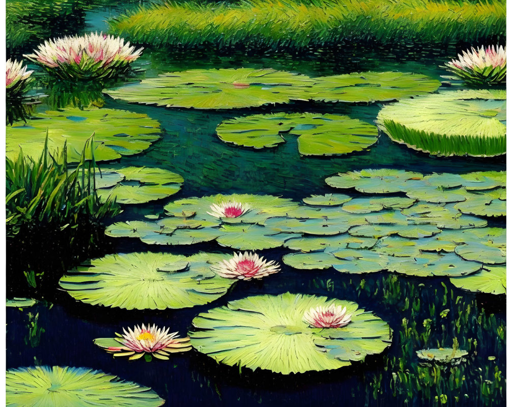 Colorful water lily pond painting with pink flowers and green lily pads