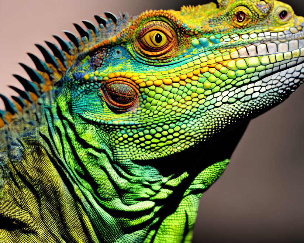 Vibrant green iguanas with spiny crests and textured scales