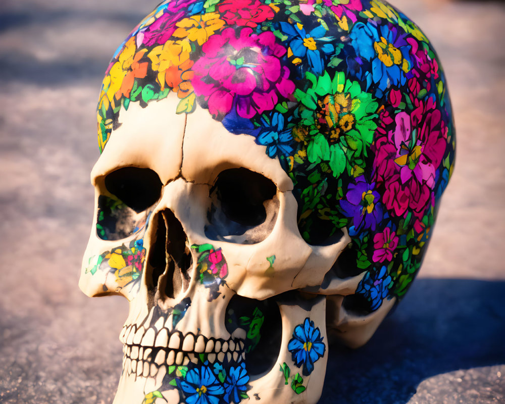 Floral-patterned colorful skull decoration in pink, blue, and green