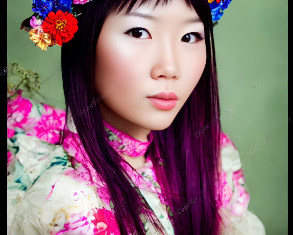 Woman with Purple Hair and Floral Headpiece in Colorful Blouse on Green Background