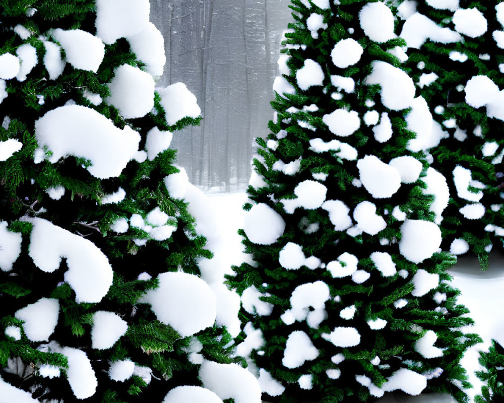 Snow-covered evergreen trees in misty winter forest.