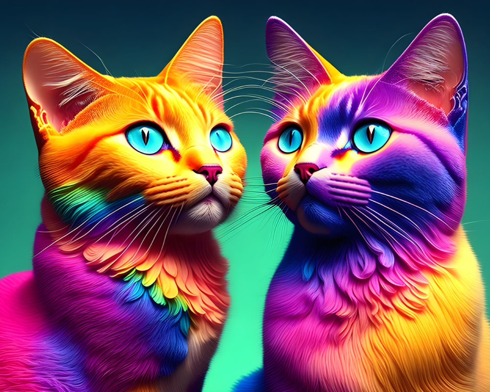 Vibrantly colored stylized cats with rainbow fur and blue eyes on teal background