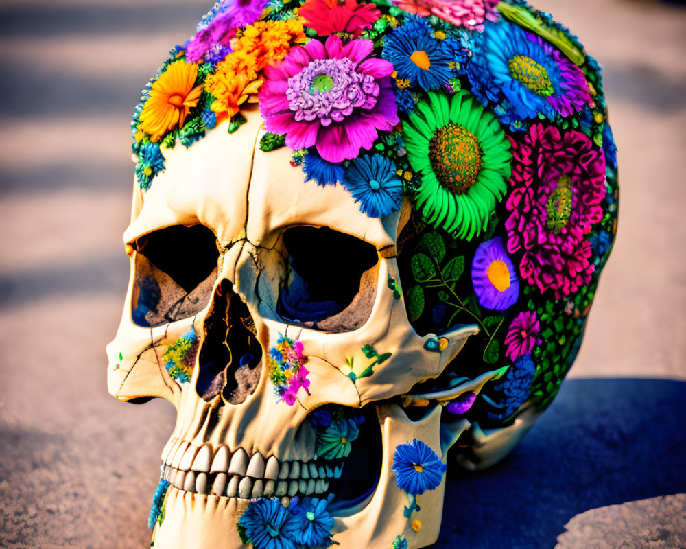 Colorful Flower Mosaic on Vibrant Skull: Dia de los Muertos Symbol