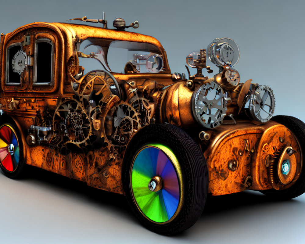 Digitally-rendered steampunk vehicle with colorful rainbow wheels