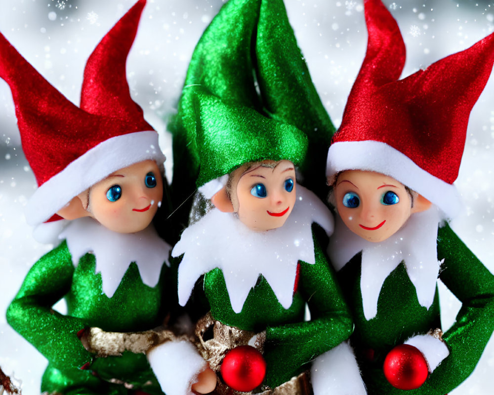 Christmas Elf Decorations in Red and Green Outfits on Snowy Branch