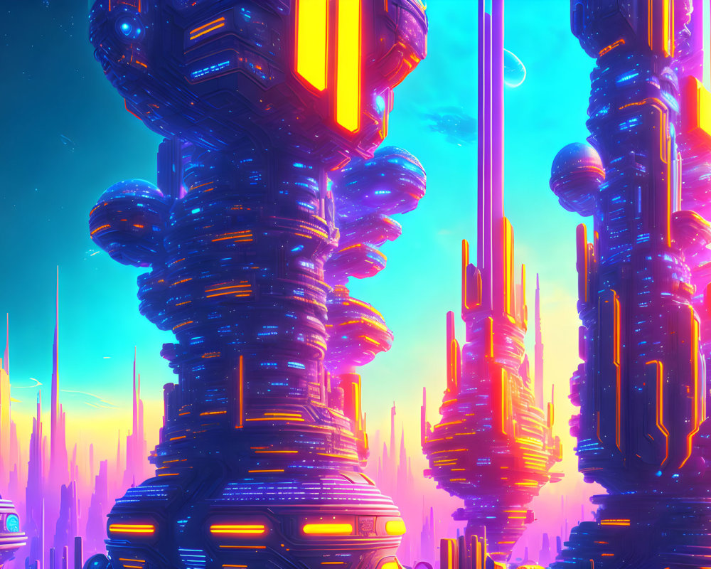 Futuristic cityscape with neon-lit skyscrapers and distant planet rings