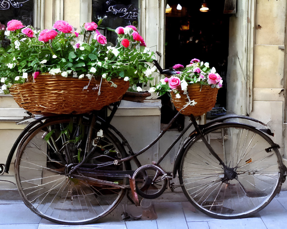 Vintage Bicycle with Wicker Baskets and Pink Flowers by Window Reflections