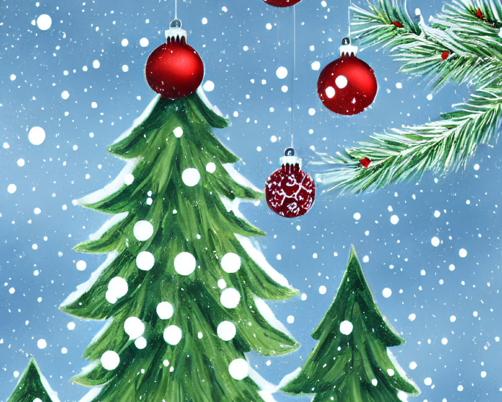 Winter scene with evergreen trees, red baubles, bird, and snowflakes