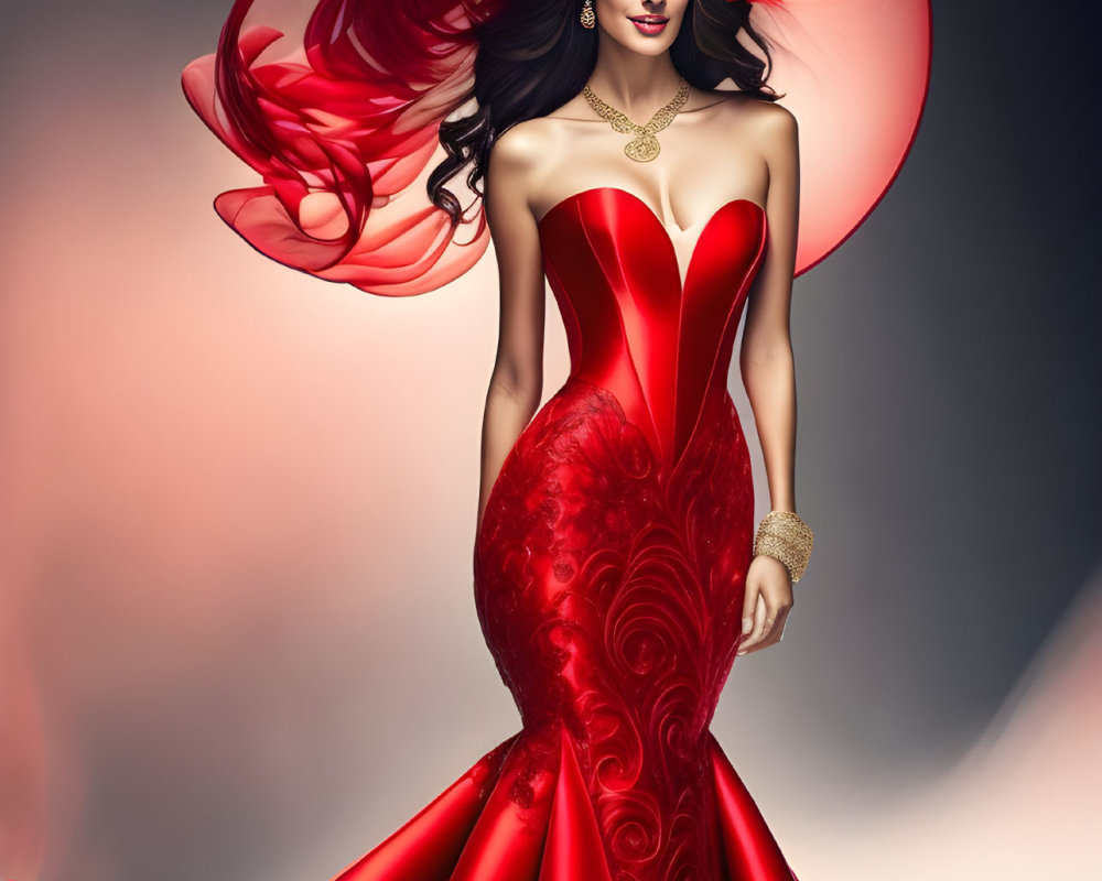 Elegant woman in red gown with flowing train and dramatic hat against gradient background wearing jewelry