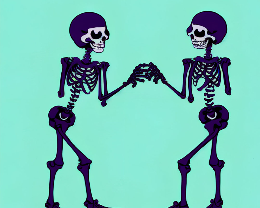 Skeletons holding hands on teal background