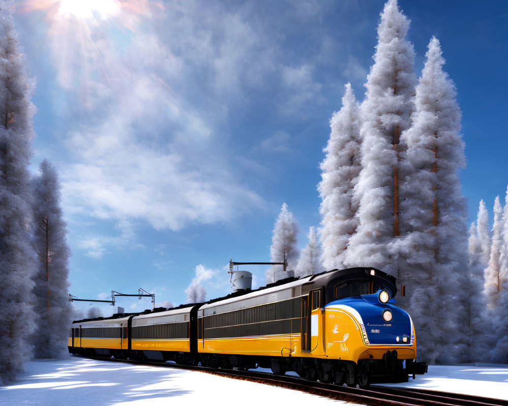 Vintage Blue and Yellow Train in Snowy Landscape with Frost-Covered Pine Trees