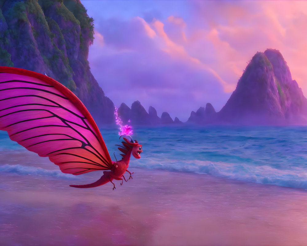 Vibrant red dragon with pink wings on beach under purple skies