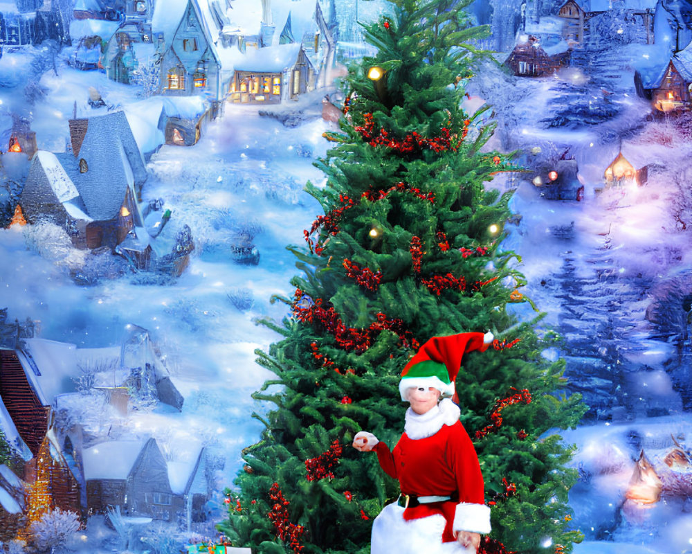 Santa Claus with Christmas tree and gifts in snowy village scene