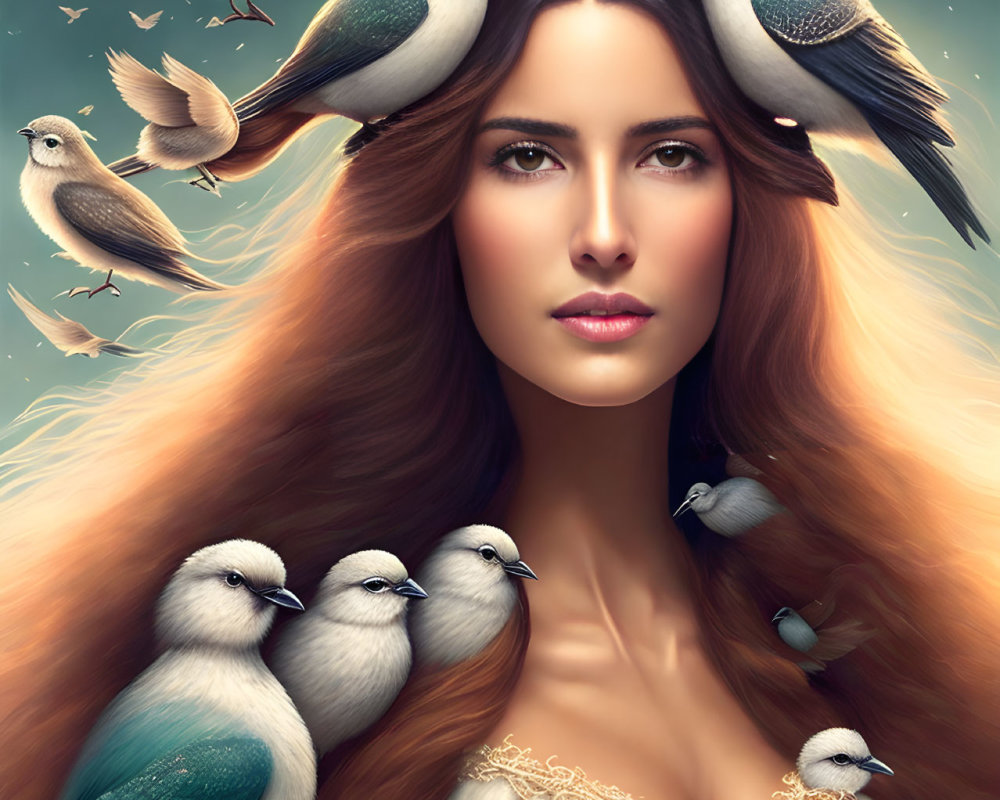 Woman with Long Flowing Hair Surrounded by Birds on Teal Background