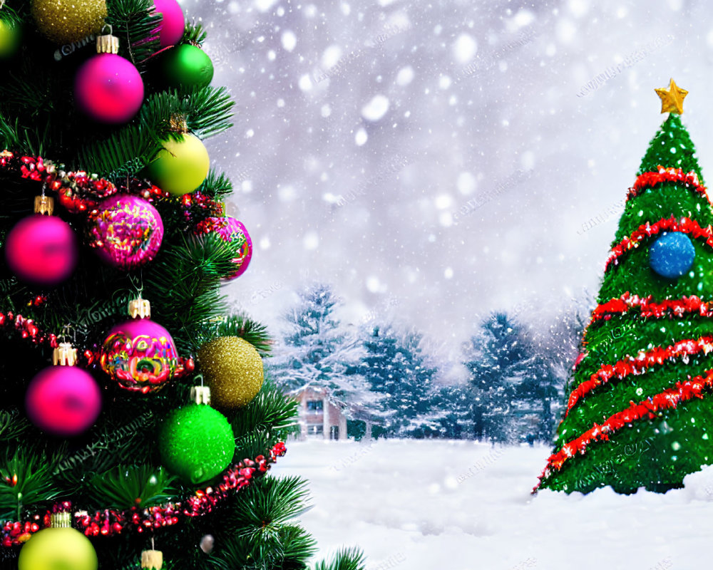 Colorful Ornaments on Vibrant Christmas Tree in Snowy Wintry Scene