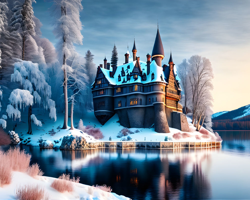 Snowy landscape with castle reflecting in calm lake at dusk or dawn