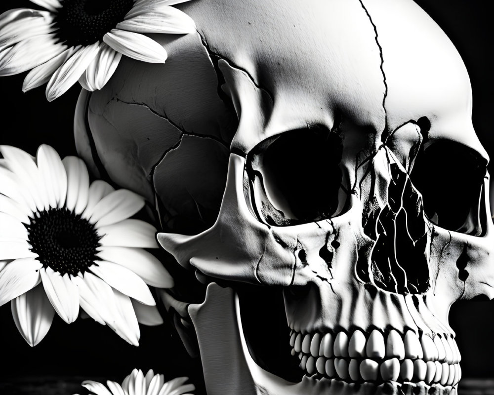 Monochrome image: Skull with cracks and daisies on dark backdrop