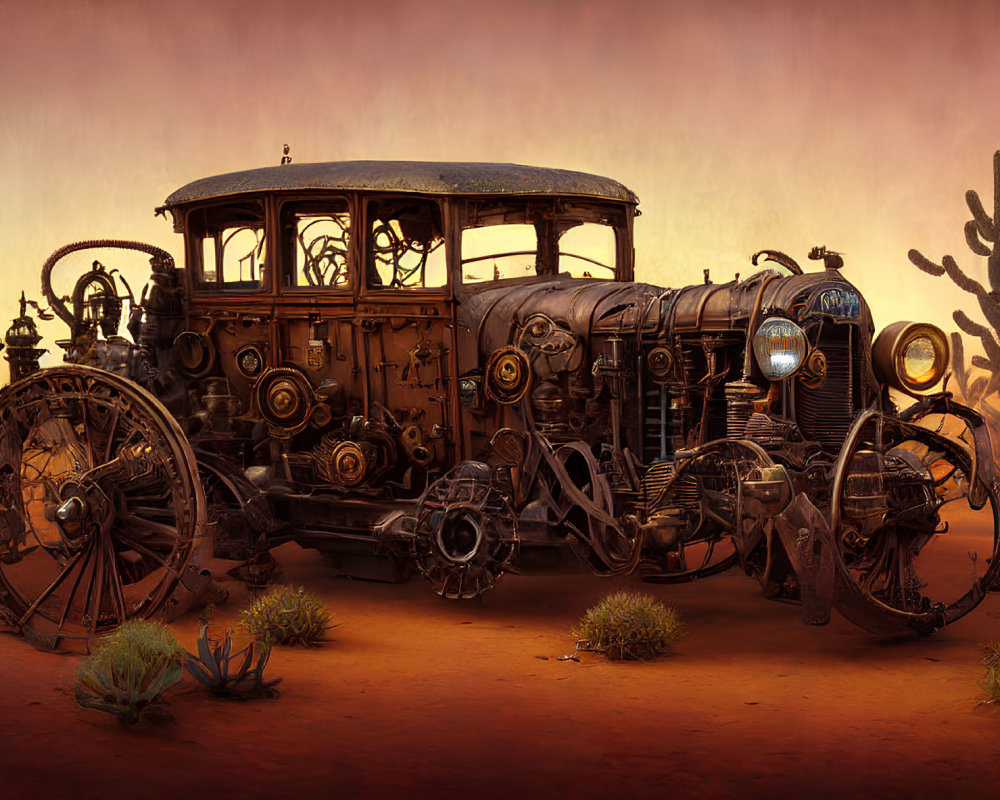 Intricately designed steampunk vehicle in desert landscape at dusk