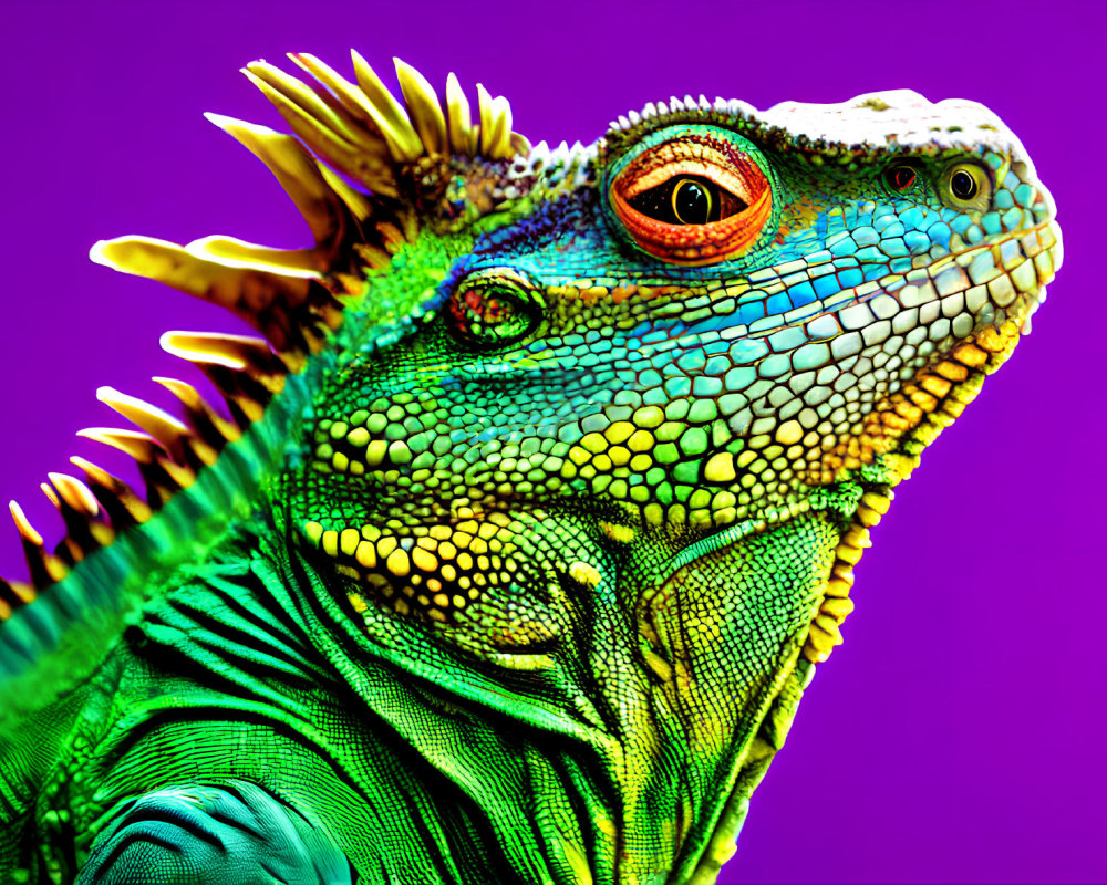 Detailed Close-Up of Green Iguana on Purple Background