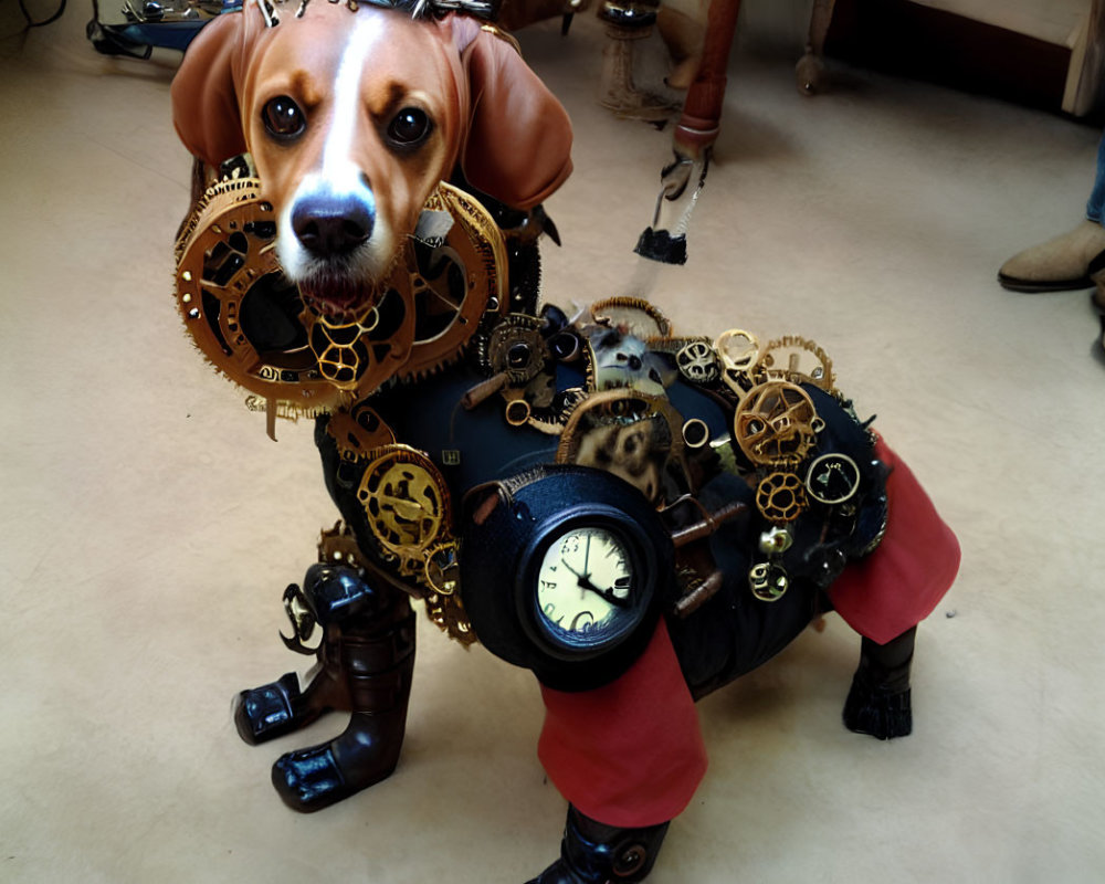 Steampunk-style digital artwork of a mechanical dog with clock and gears