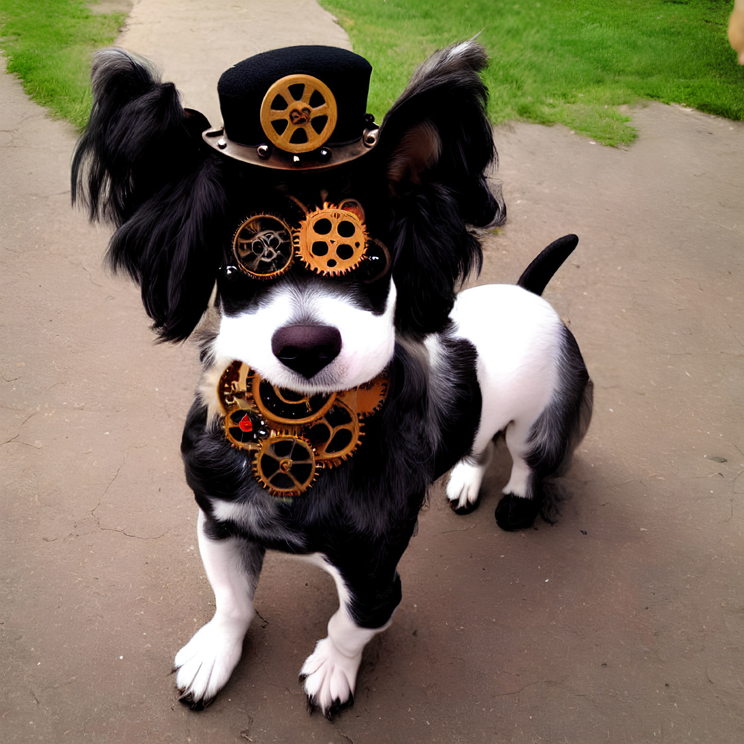 Steampunk-themed black and white dog with gear hat and cogwheel collar on grass