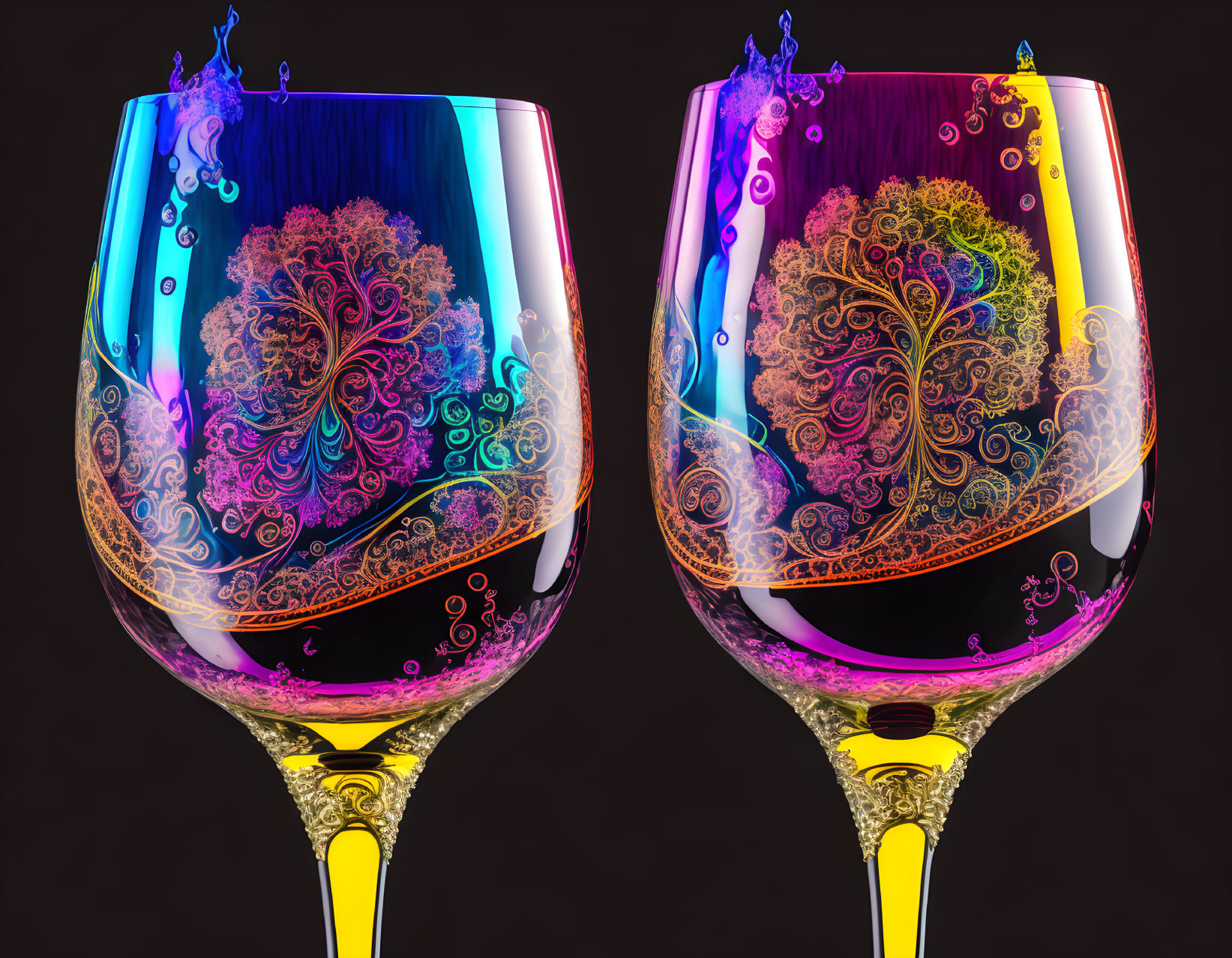 Colorful Swirling Patterns on Wine Glasses with Liquid Splashes