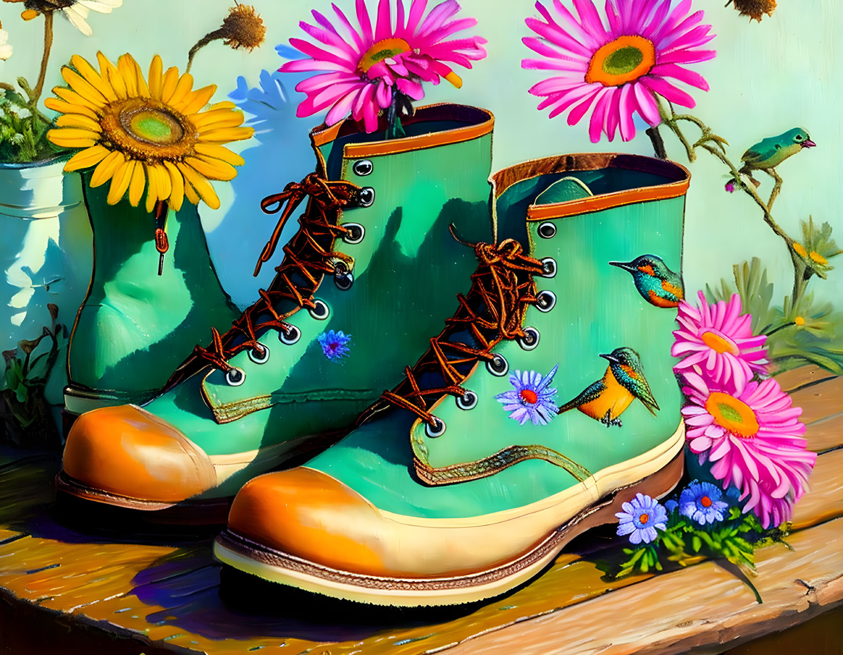 Colorful Painting of Green Boots with Sunflowers and Birds on Blue Background