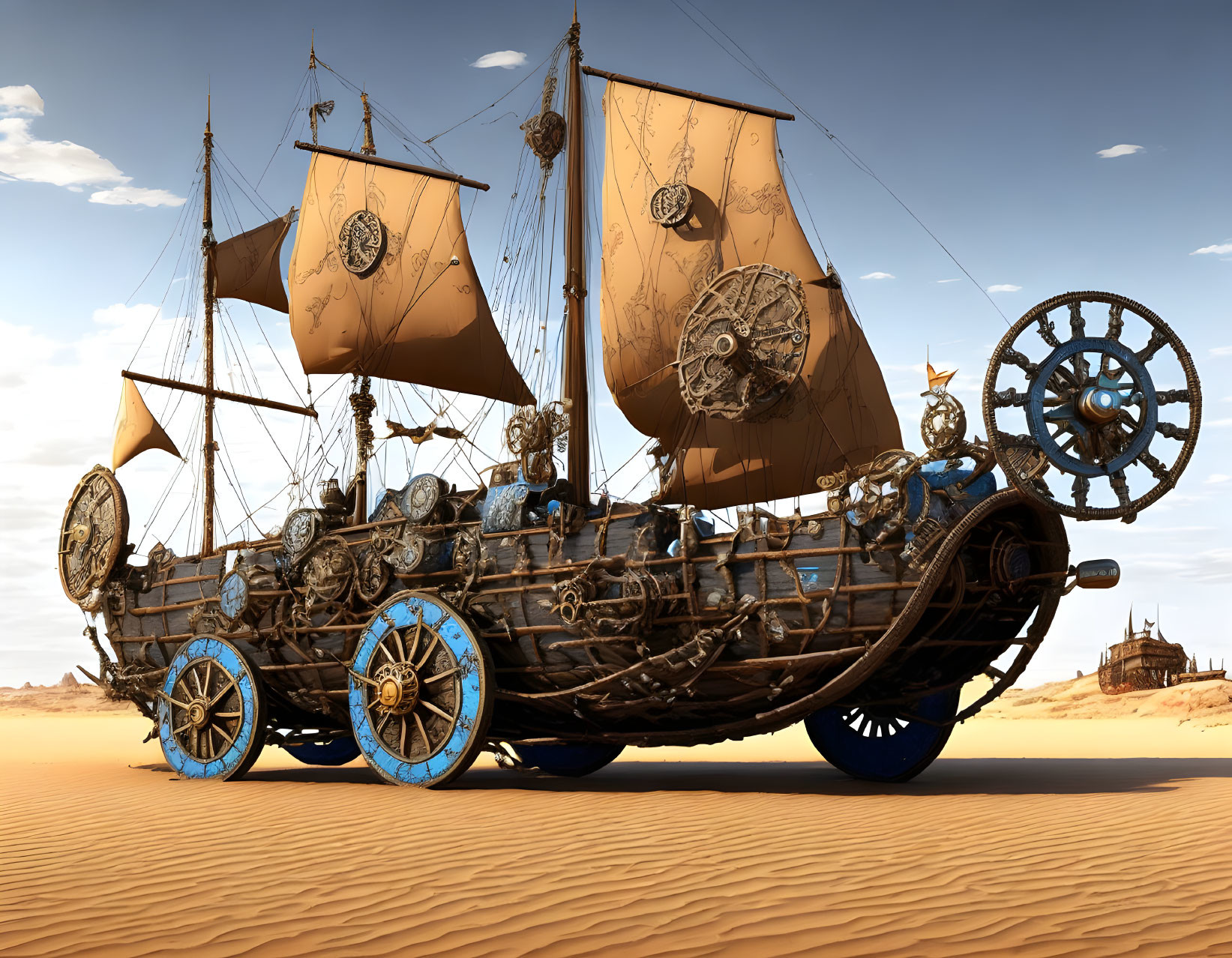 Fantastical ship with large wheels and sails in desert landscape