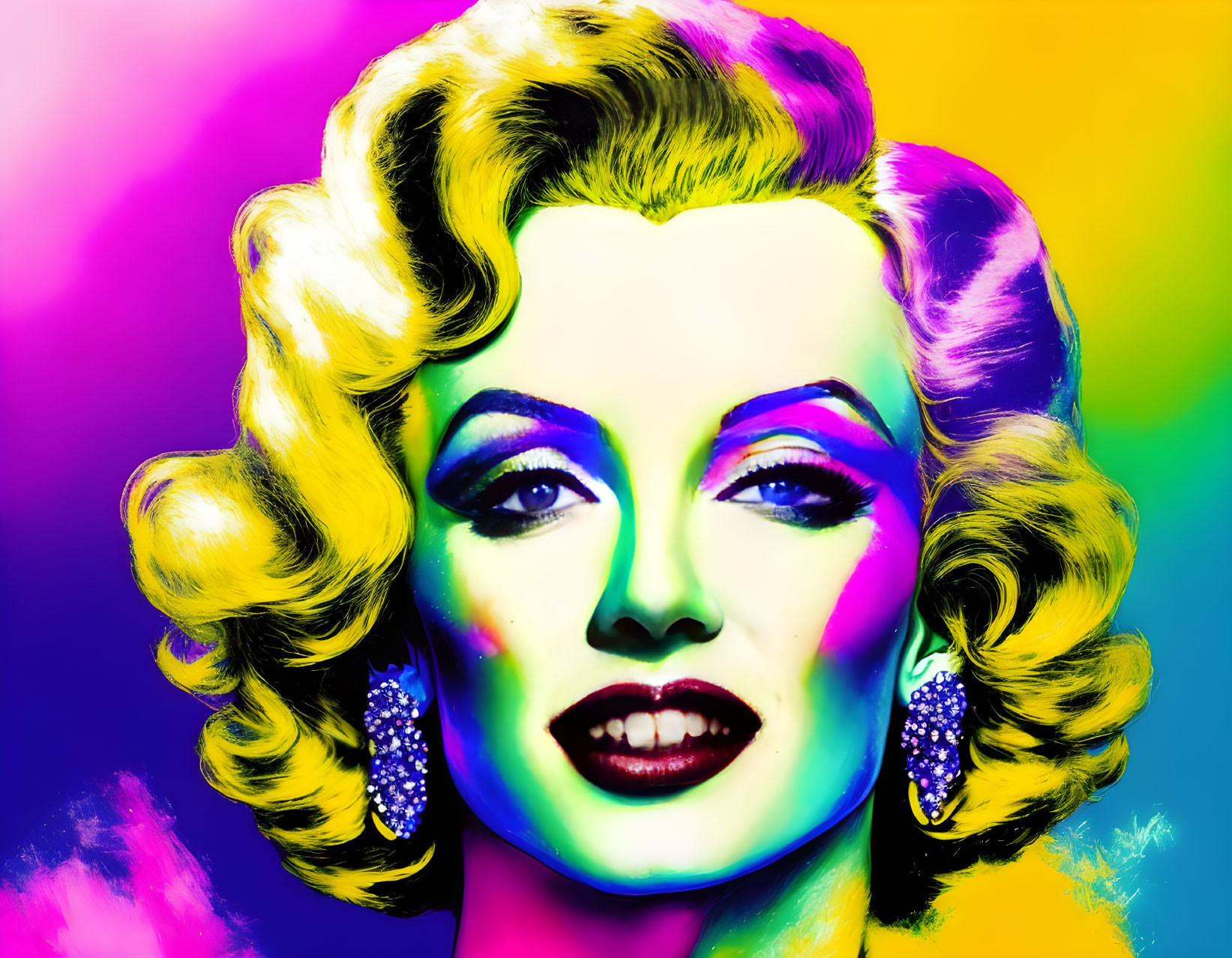 Colorful portrait of woman with vintage hair, bold makeup, and sparkling earrings on neon backdrop