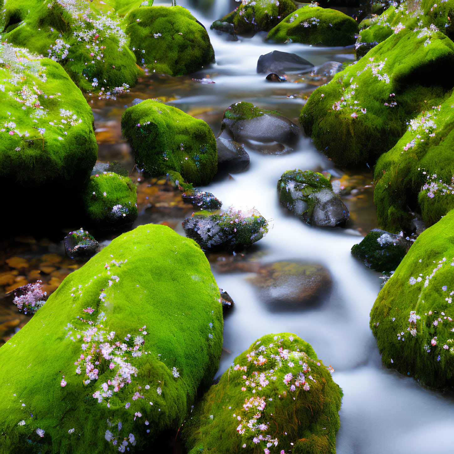 Tranquil stream with moss-covered rocks and pink flowers