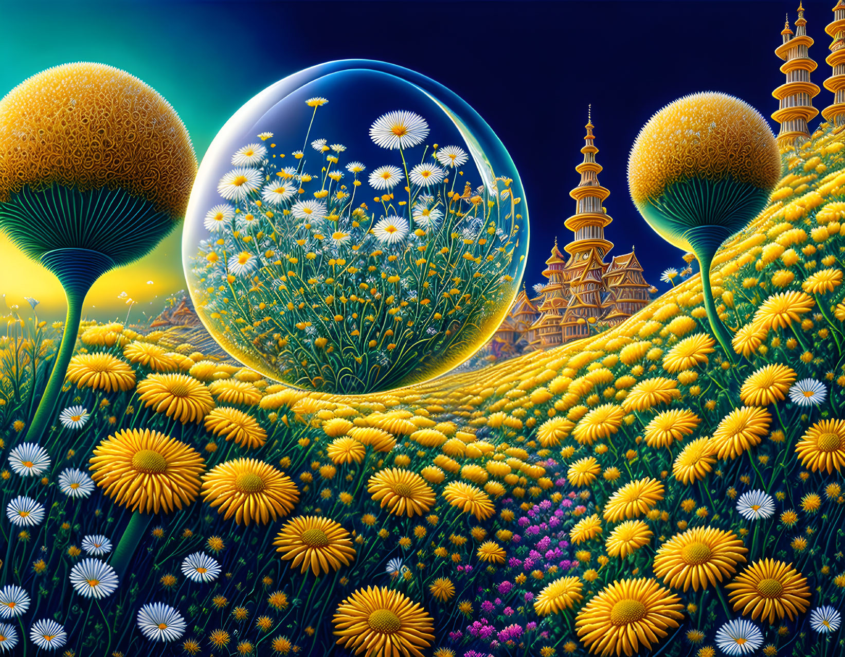 Fantasy landscape with yellow flowers, pagodas, and bubble sphere