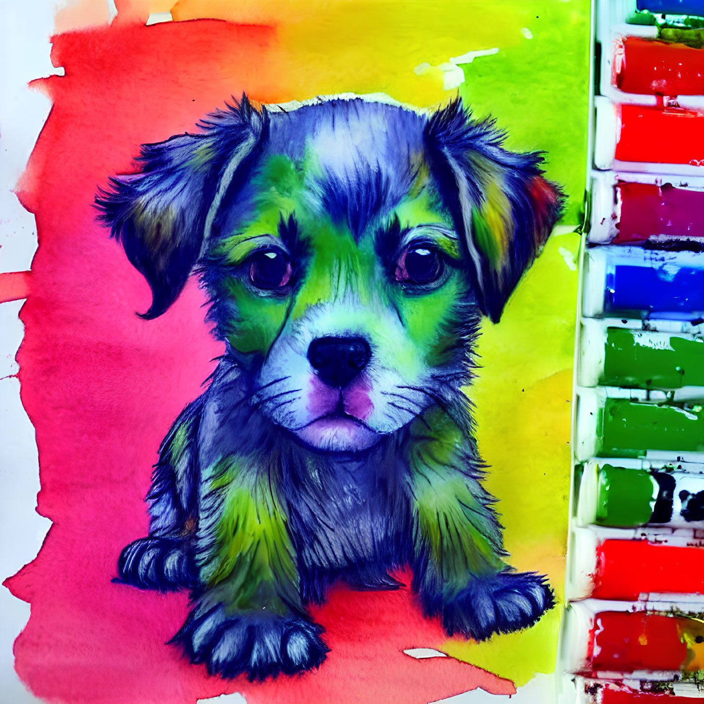 Colorful Puppy Illustration with Expressive Eyes on Vibrant Watercolor Background