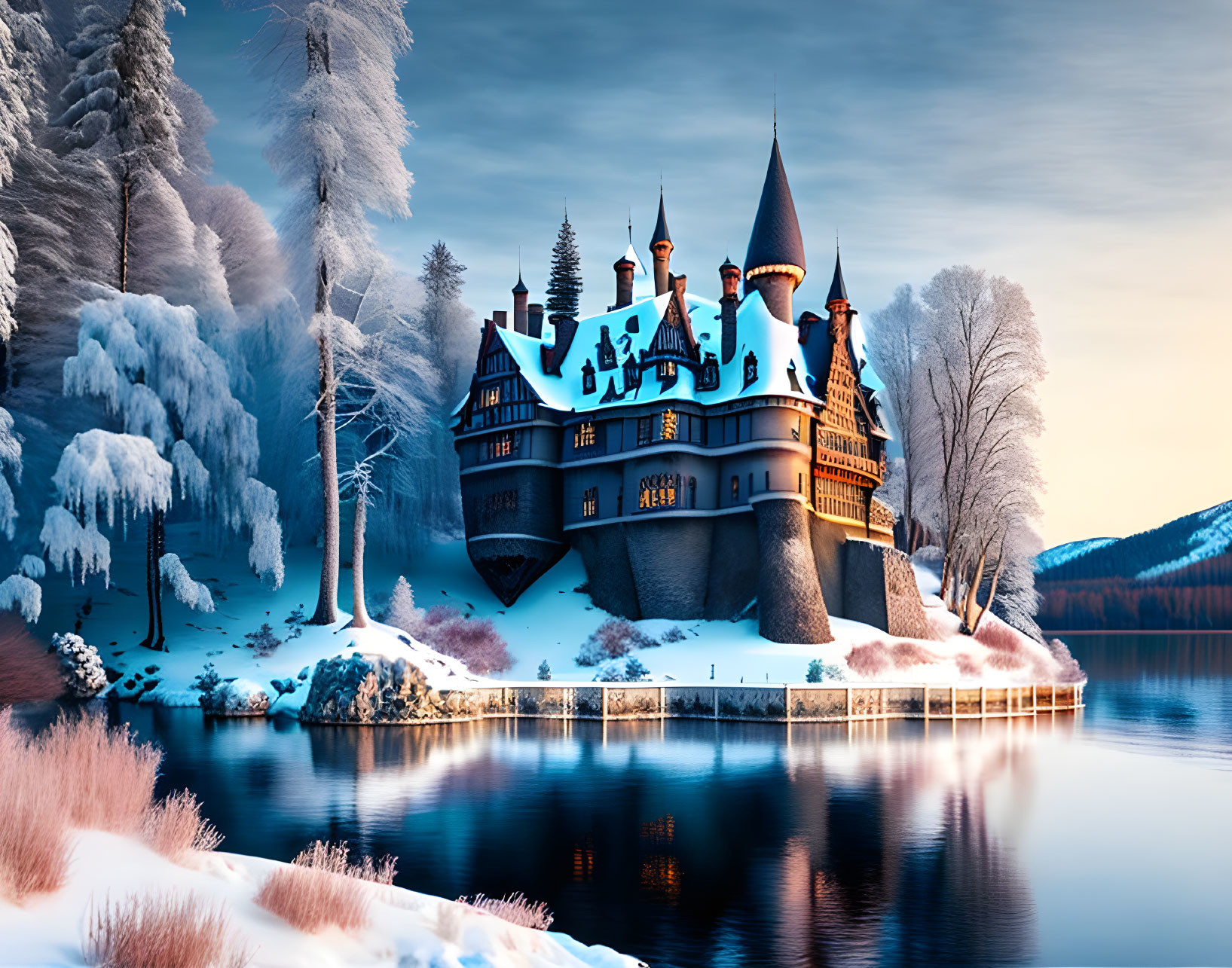 Snowy landscape with castle reflecting in calm lake at dusk or dawn