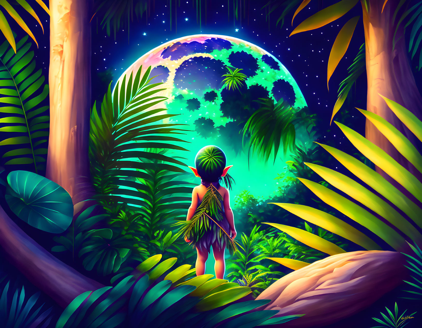 Child admires moon in lush jungle at night