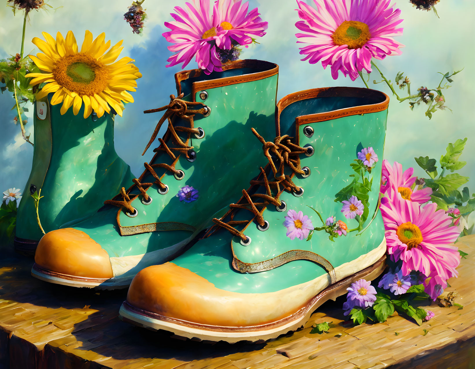 Colorful Turquoise Green Boots with Sunflowers and Purple Blooms on Blue Sky Background