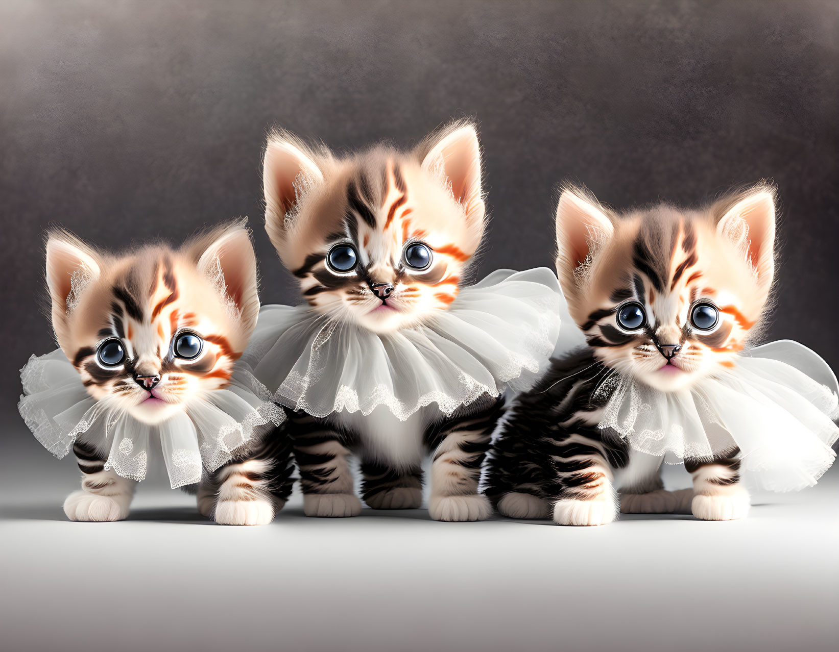 Three fluffy kittens in white tutus on gray background