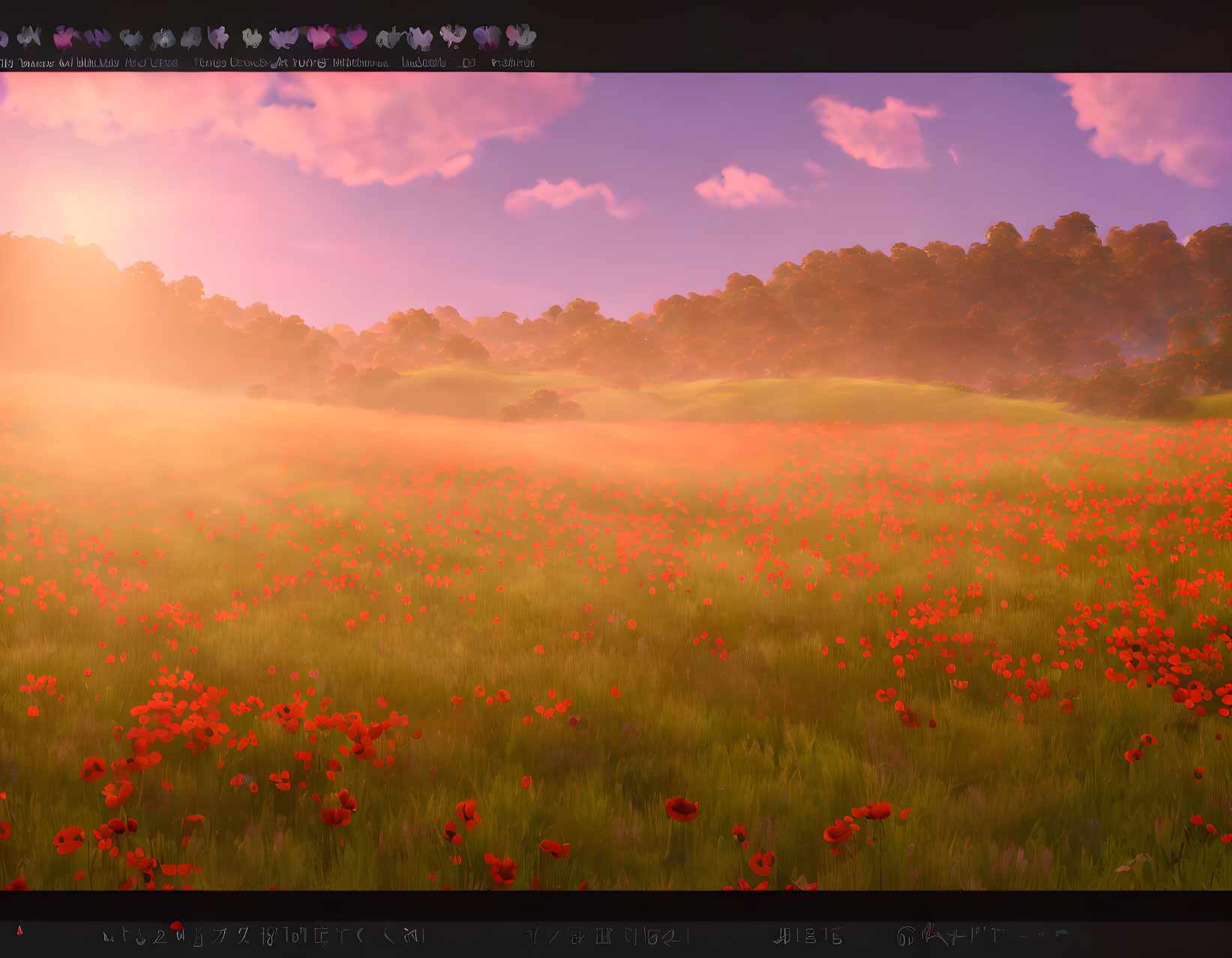 Tranquil Sunset Landscape with Red Poppies and Pink Sky