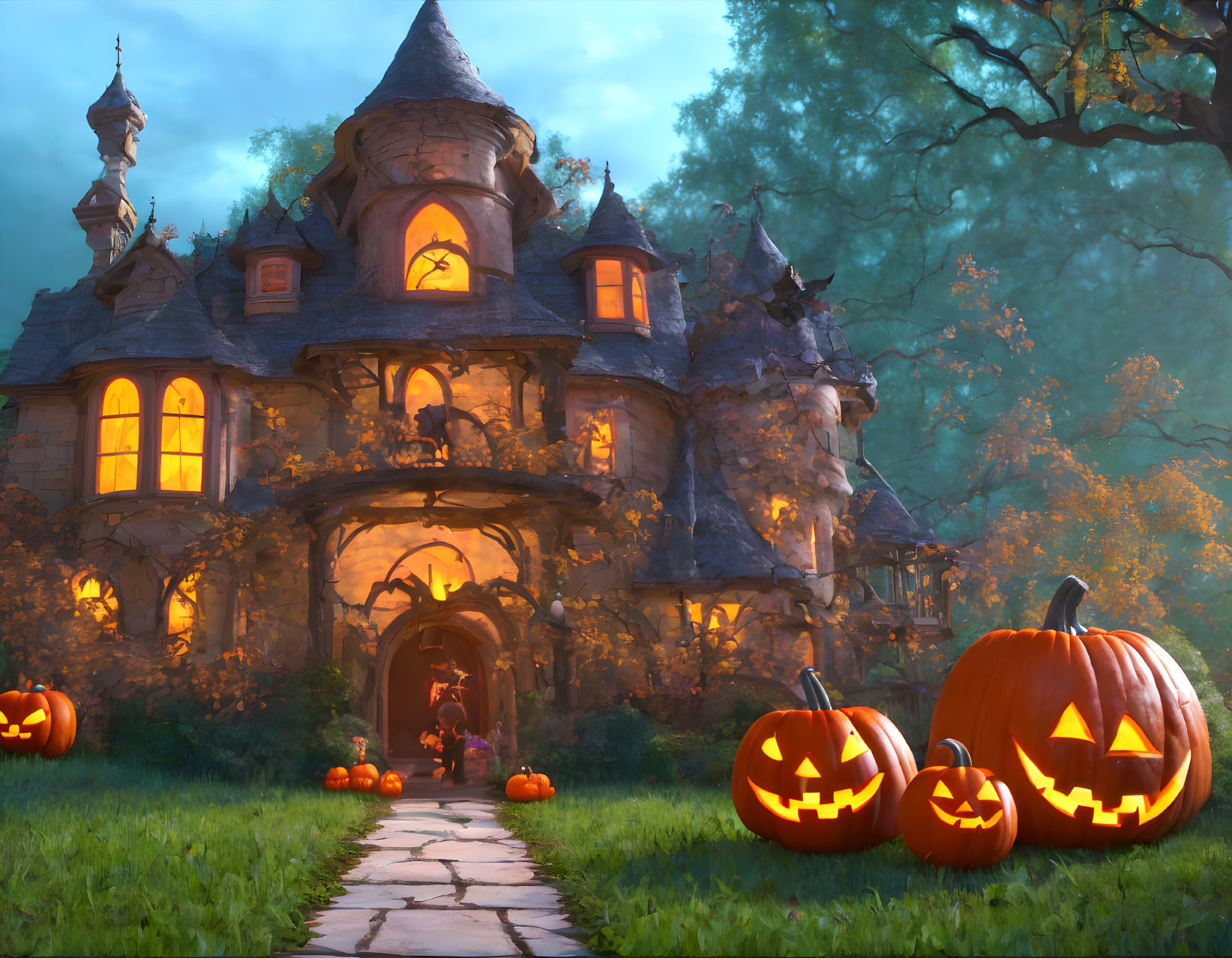 Twilight scene of whimsical storybook cottage with jack-o'-lanterns in mysterious forest