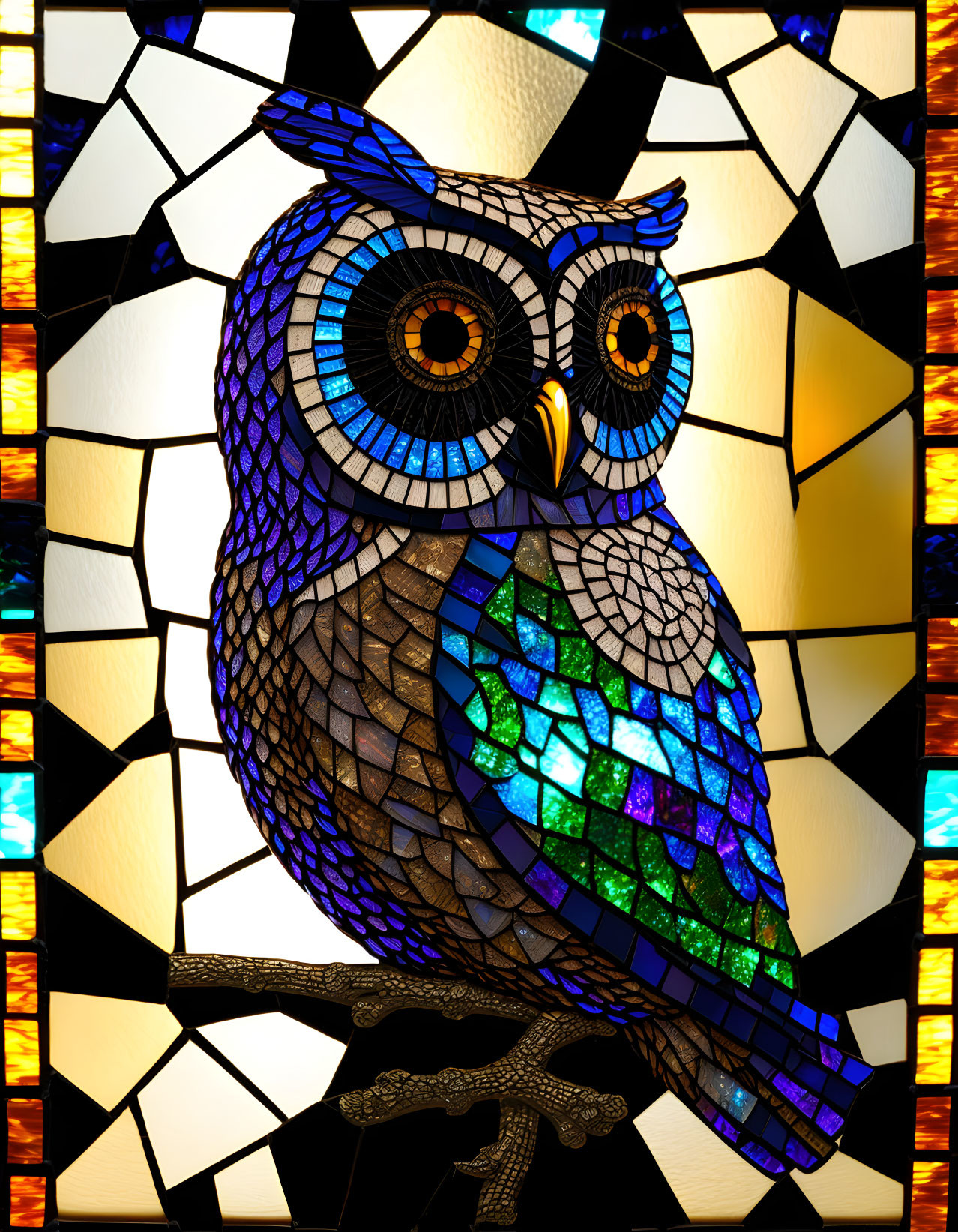 Vibrant Owl Stained Glass Mosaic in Blue, Green & Yellow