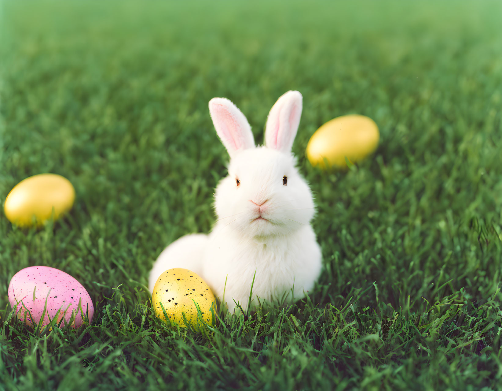 White Rabbit Surrounded by Colorful Easter Eggs on Grass