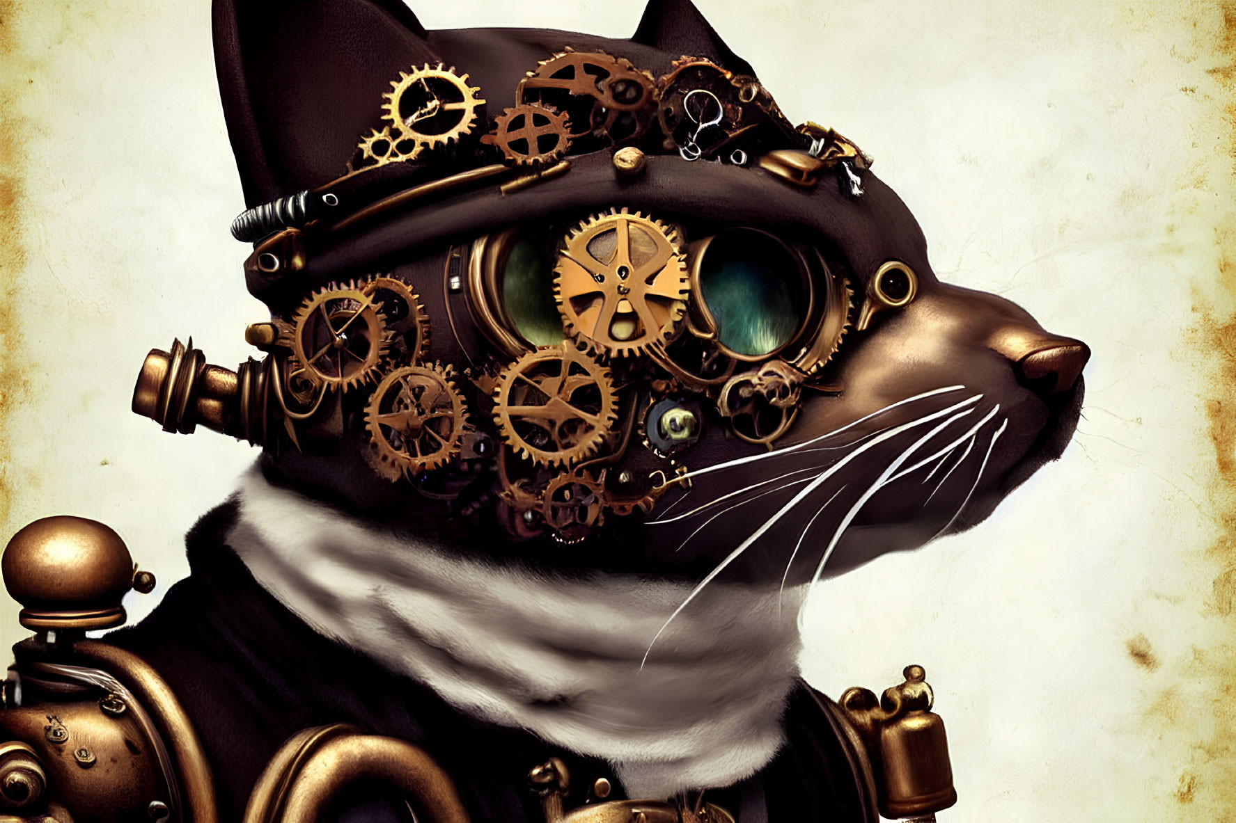 Steampunk-style cat illustration with mechanical eye and brass collar